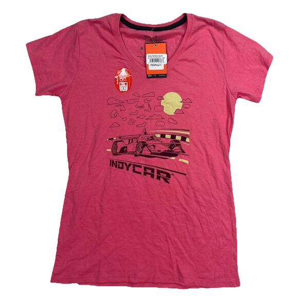 Indycar Shirt Womens Small Pink Indy Racing Short Sleeeve V-Neck Polycotton TAG - Picture 1 of 3